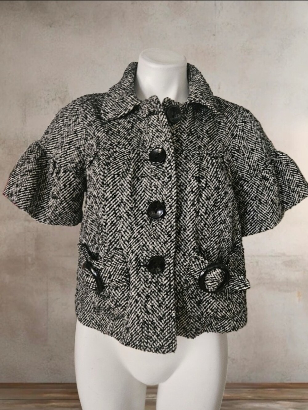 NWT/ LOVE STITCH Black & White Herringbone Short Sleeve Tweed Jacket MEDIUM